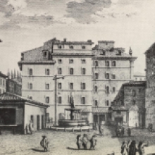 La fontana nella sua collocazione originaria in piazza Giudea, stampa di G. Vasi, metà del XVIII secolo