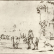 Il mascherone nella collocazione originaria sulla Fontana di Campo Vaccino (disegno di Stefano della Bella, 1636)